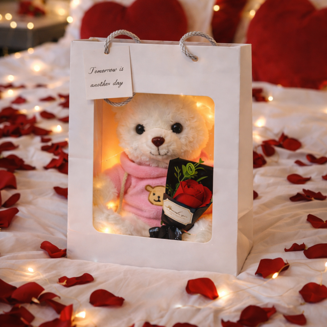 Teddybär Geschenkbox 30 cm – Kuschelteddy mit Rose & LED-Lichterkette – Perfektes Geschenk für Valentinstag, Jahrestag, Geburtstag & Liebe