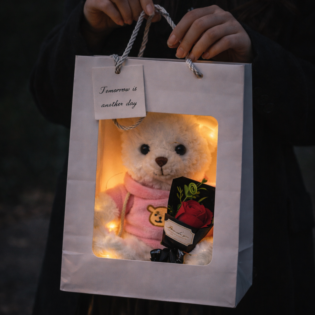 Teddybär Geschenkbox 30 cm – Kuschelteddy mit Rose & LED-Lichterkette – Perfektes Geschenk für Valentinstag, Jahrestag, Geburtstag & Liebe