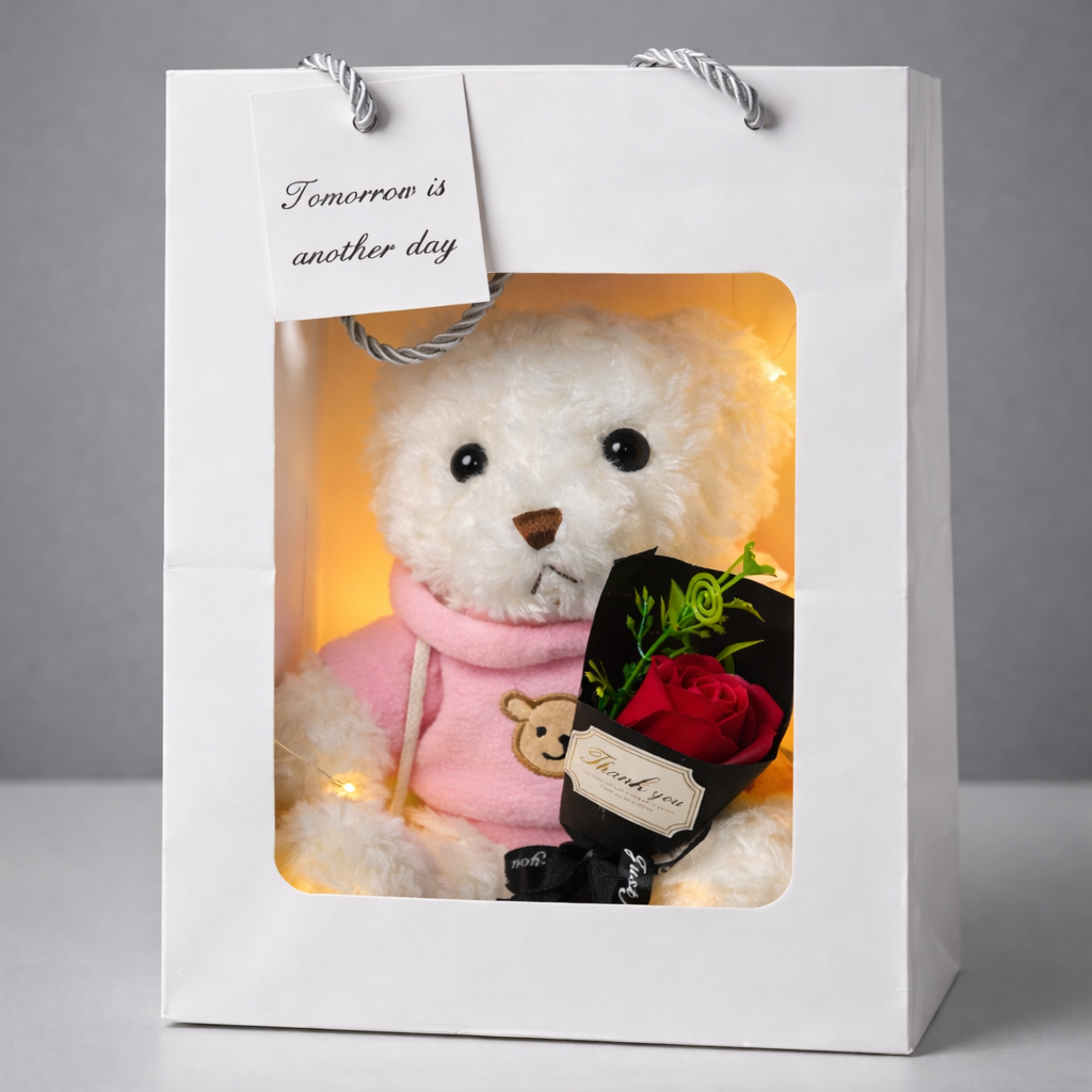 Teddybär Geschenkbox 30 cm – Kuschelteddy mit Rose & LED-Lichterkette – Perfektes Geschenk für Valentinstag, Jahrestag, Geburtstag & Liebe
