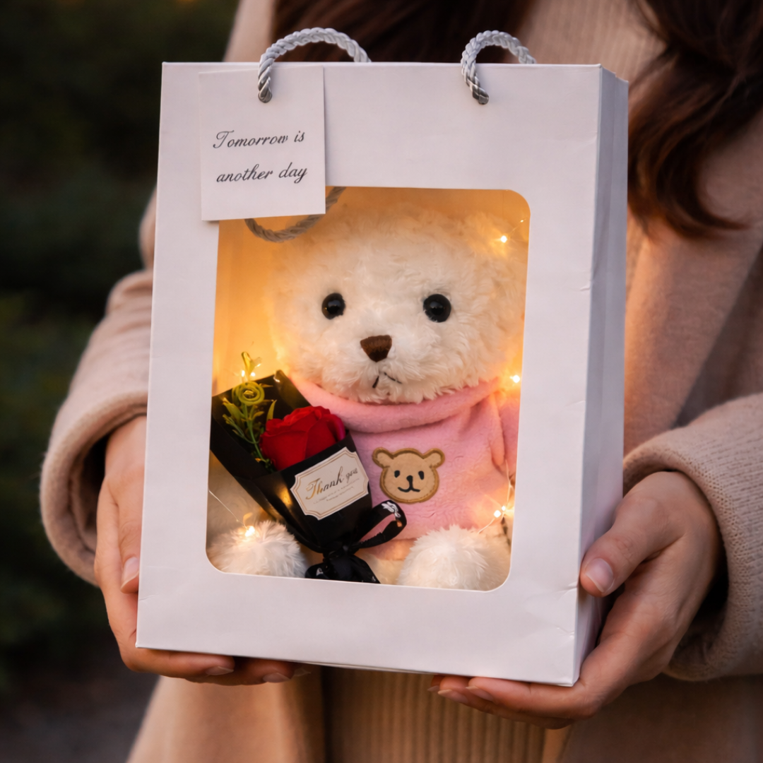 Teddybär Geschenkbox 30 cm – Kuschelteddy mit Rose & LED-Lichterkette – Perfektes Geschenk für Valentinstag, Jahrestag, Geburtstag & Liebe